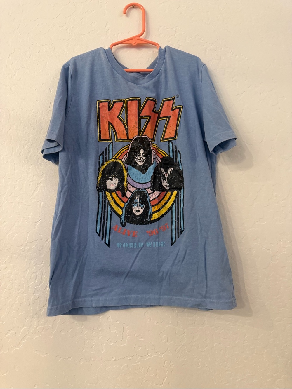 NWOT Kiss Kids Short Sleeve Tee in Light Blue with Multicolor Band Graphic